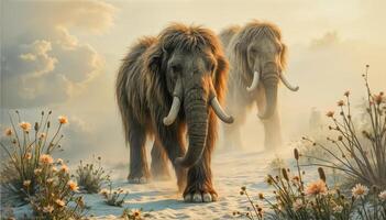 Ice age mammoths walk in the snowy valley. photo