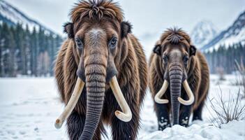 Ice age mammoths walk in the snow . photo