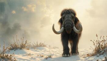 Ice age mammoths walk in the snowy valley photo
