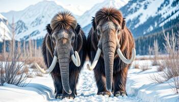 Ice age mammoths walk in the snow and winter landscape photo