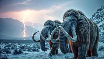 Ice age mammoths walk in the snow and winter mountain landscape photo