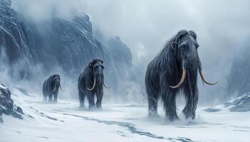 Impressive Ice age mammoths walk in the snow and winter mountain landscape photo