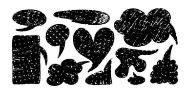 Chalk speech bubble set. Crayon dialogue cloud frame different forms by pencil. Circle, heart, abstract talk cute charcoal box. Doodle illustration vector
