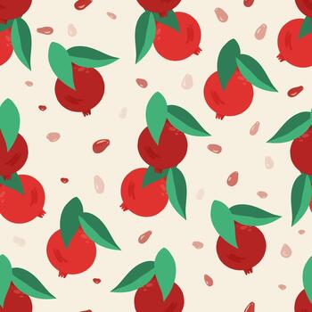 un brillante modelo con granadas, hojas y Fruta pozos en el antecedentes. sin costura modelo en un plano estilo. verano textil imprimir, envase papel, fiesta envoltura. vector