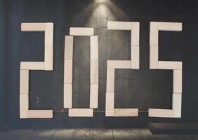 Happy New Year 2025 Idea. Transition from 2024 to new year 2025 concept with text on wooden blocks. Creative Concept photo