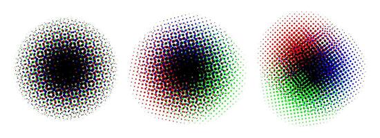 Halftone round background set. RGB color dotted half tone shapes. Grunge ink press splash stains and blots. RGB textured pixelated circle gradient collection. Print production raster glitch vector
