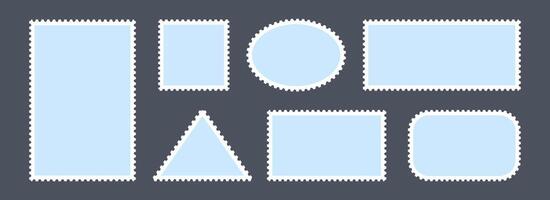 Blue postage stamps set. Post stamp frames and borders. Ellipse, triangle, rectangle template for mail, postcard, letter, note. Jagged wavy edge forms. Zigzag objects for badge, sticker, photo vector
