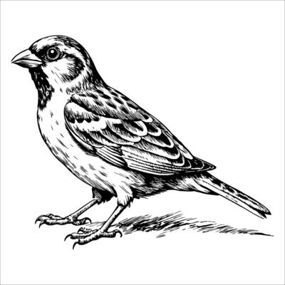 sparrow hopping, looking up, on white background