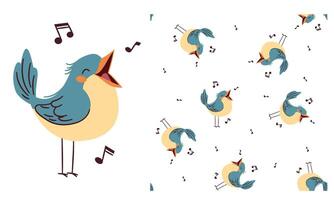 set for printing on children's products. Cute singing bird with notes, printable print and seamless pattern vector