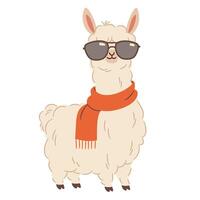 Cute llama with sunglasses on white background. Flat illustration in simple childish style vector