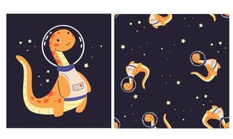 set for printing on children's products. Cute dinosaur flying in space, printable print and seamless pattern vector