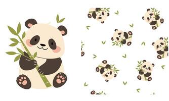 set for printing on children's products. Cute panda with bamboo branch, printable print and seamless pattern vector