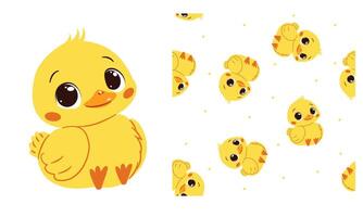 set for printing on children's products. Cute duckling with big eyes, printable print and seamless pattern vector