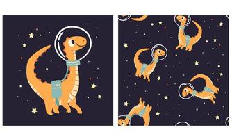 set for printing on children's products. Cute dinosaur flying in space, printable print and seamless pattern vector