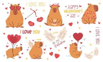 A set of flat illustrations in a simple children's style on the theme of valentine's day. Cute capybaras with hearts and wings on white background, captions vector