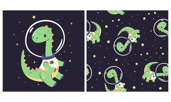 set for printing on children's products. Cute dinosaur flying in space, printable print and seamless pattern vector