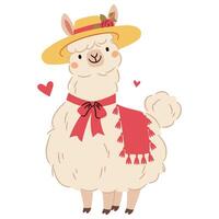 Cute llama wearing a hat. Flat illustration in simple childish style vector