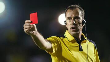 Soccer match referee with headset shows red card on soccer field photo