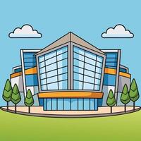 an illustration of a modern building with trees and clouds vector