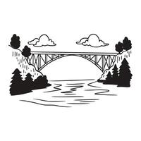 a black and white drawing of a bridge over a river. vector