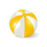 Beach yellow white ball, summer inflatable pool toy. isolated 3d render. Ocean island party beachball. Circus clown icon, sea water float balloon. Color realistic bright plastic game to inflate vector