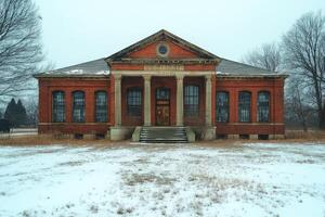 An old brick building with columns and windows photo