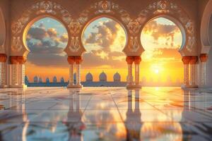 Sunset in the arabic style mosque with arches and columns photo