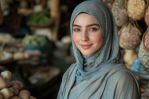 A woman wearing a hijab stands in front of a market photo
