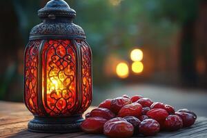 A red lantern with some dates on a table photo