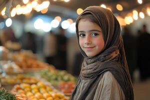 A young girl wearing a headscarf standing in front of a display of food photo