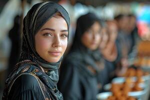 A woman in a hijab is standing in front of a line of people photo