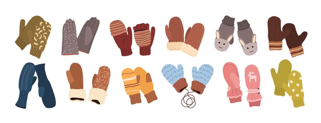 Set of winter gloves. Woolen, knitted, and cotton designs, including mittens for men, women, and kids. Stylish accessories and warm garments. Isolated flat illustrations on a white background.