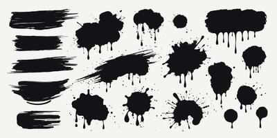 Collection of black paint splashes, ink drops, and grunge drips. Isolated scattered stains, and flowing droplets. Blobs in various shapes for creative projects. Abstract illustrations. vector