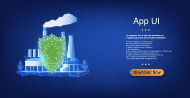 Digital illustration of industrial buildings with a protective shield representing security and technology features for an app interface. vector