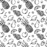 Hand drawn seamless pattern with fruits. pineapple, lemon, pear, cherry and grapes in whimsical line art style. Monochrome illustration for menu, prints, packaging, posters, and invitations vector