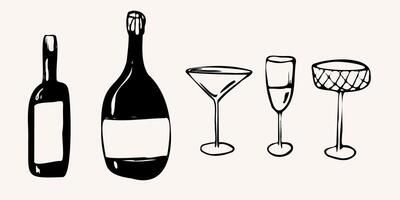 Hand drawn dinner set with bottles and glasses. illustration in a sketch whimsical line art style. bold outlines and minimal details. for menus, branding, packaging, social media, and decor vector