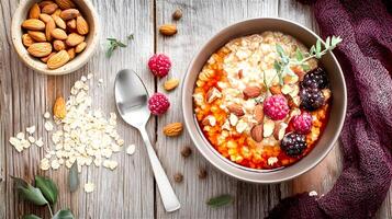 Healthy food concept. Flat-lay a bowl of oats meal with fresh raspberry and almonds on a wooden table. . photo