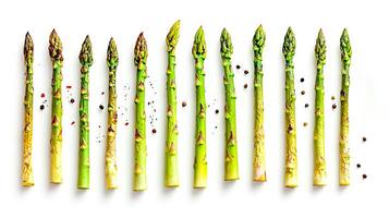 Flat lay of Asparagus with herbs and spicy isolates on a white background. . photo