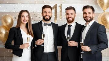 Group of diverse people celebrating the New Year with confetti and sparklers in a vibrant setting photo