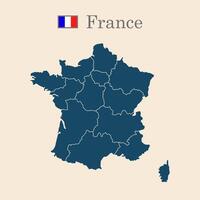 Illustration of a map of France divided into states and territories. White flat map with black borders on a white background, featuring the national flag. vector
