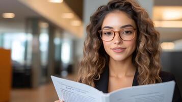 A new hire reading through an employee handbook with a welcoming office environment in the background, preparing for their first day of work photo