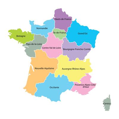 France map background with regions, region names and cities in color. White flat design isolated on a white background. Highly detailed illustration Europe