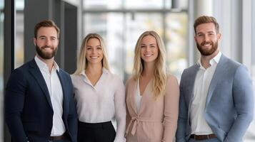 Happy employees standing in front of a collaborative board in a bright workspace, full body wide angle photo