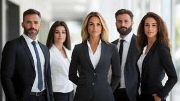 Professional team gathered near a presentation board with confident poses. photo