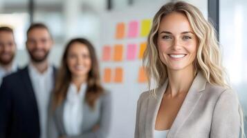 Business team smiling in front of a colorful board in a bright office, full body wide angle photo