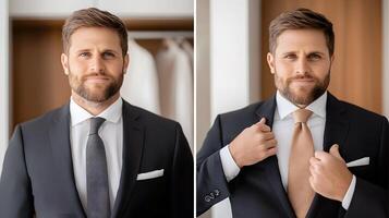 Groom posing in a tailored tuxedo while best man adjusts the tie in a luxurious fitting room photo