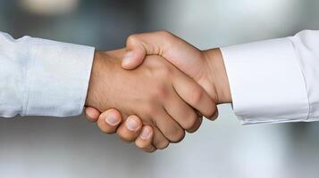 A confident employee shaking hands with a manager in a corporate setting, symbolizing career advancement and professional growth photo
