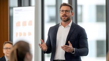 A confident leader standing at the front of a meeting room, addressing a team with a confident and engaging presentation photo