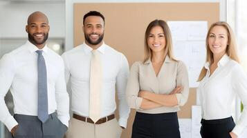 Diverse group of workers standing proudly in front of a strategy board, full body wide angle photo