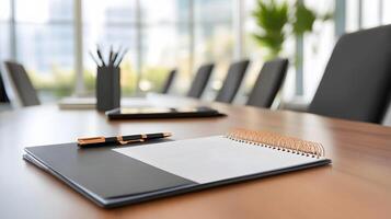 A close-up of a notebook with employee notes taken during a corporate training session, with a focused atmosphere in the background. photo
